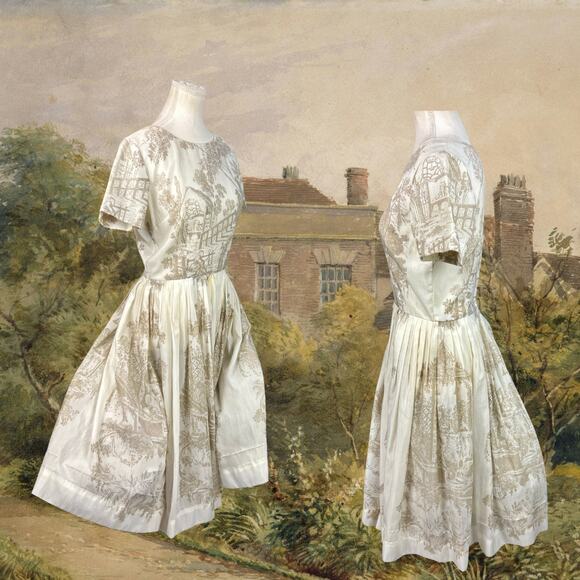 Vintage 1950s Toile Chinoiserie White Tan Fit Flare Princess Dress Size S - Picture 2 of 5